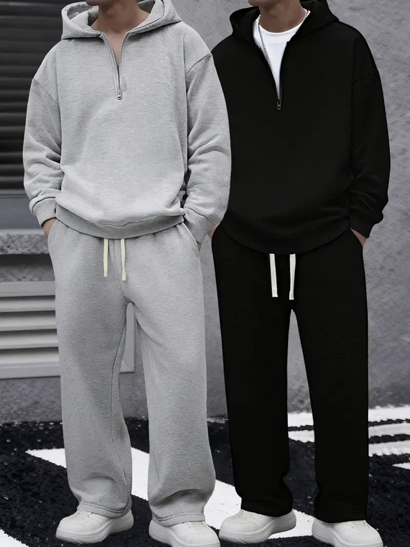 Mens Solid Color Half Zip Hooded Casual Set