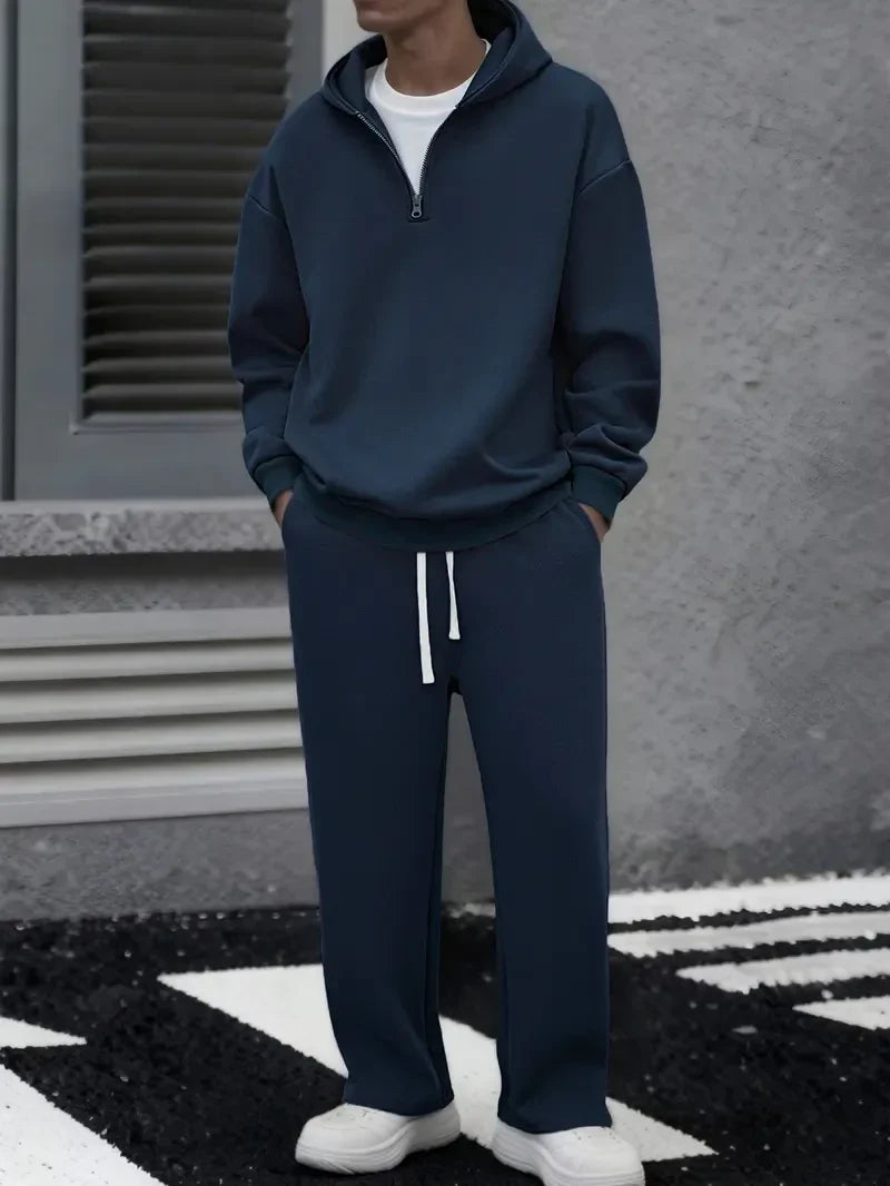 Mens Solid Color Half Zip Hooded Casual Set