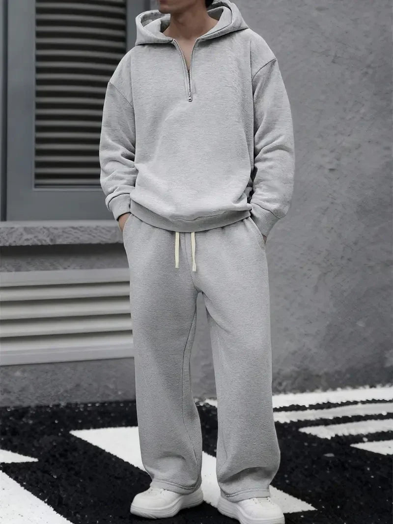 Mens Solid Color Half Zip Hooded Casual Set