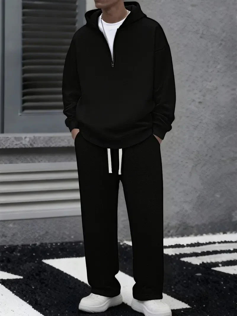 Mens Solid Color Half Zip Hooded Casual Set